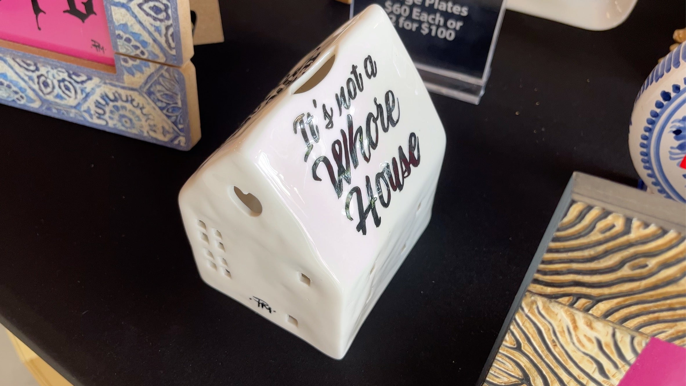 "This is Not a Whore House, It's a Whore Home" Hand-Painted Enamel Ceramic Tea Light Holder