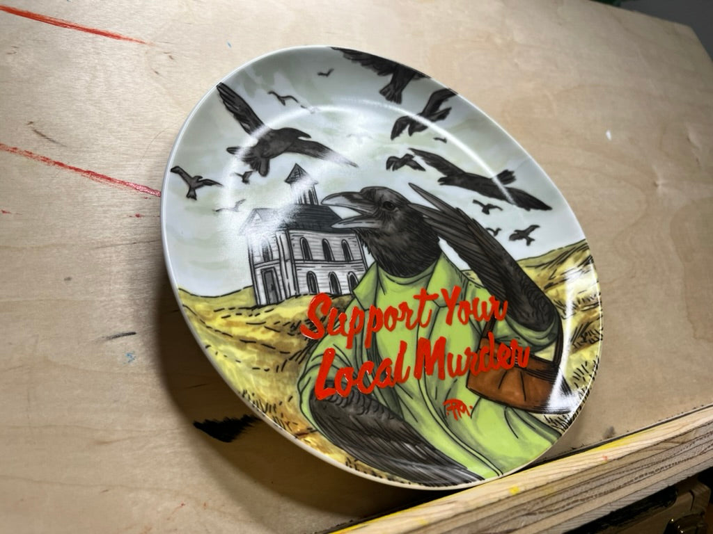 "Support Your Local Murder" Hand-Painted Enamel Crow Ceramic Plate