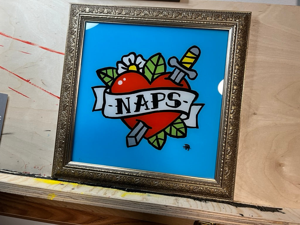 "Naps" — Hand-Painted Enamel on Glass Framed Artwork