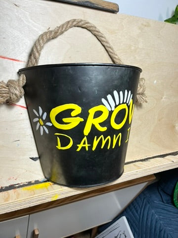 "Grow Damn It!" — Hand-Painted Enamel on Metal Pot | Original Art