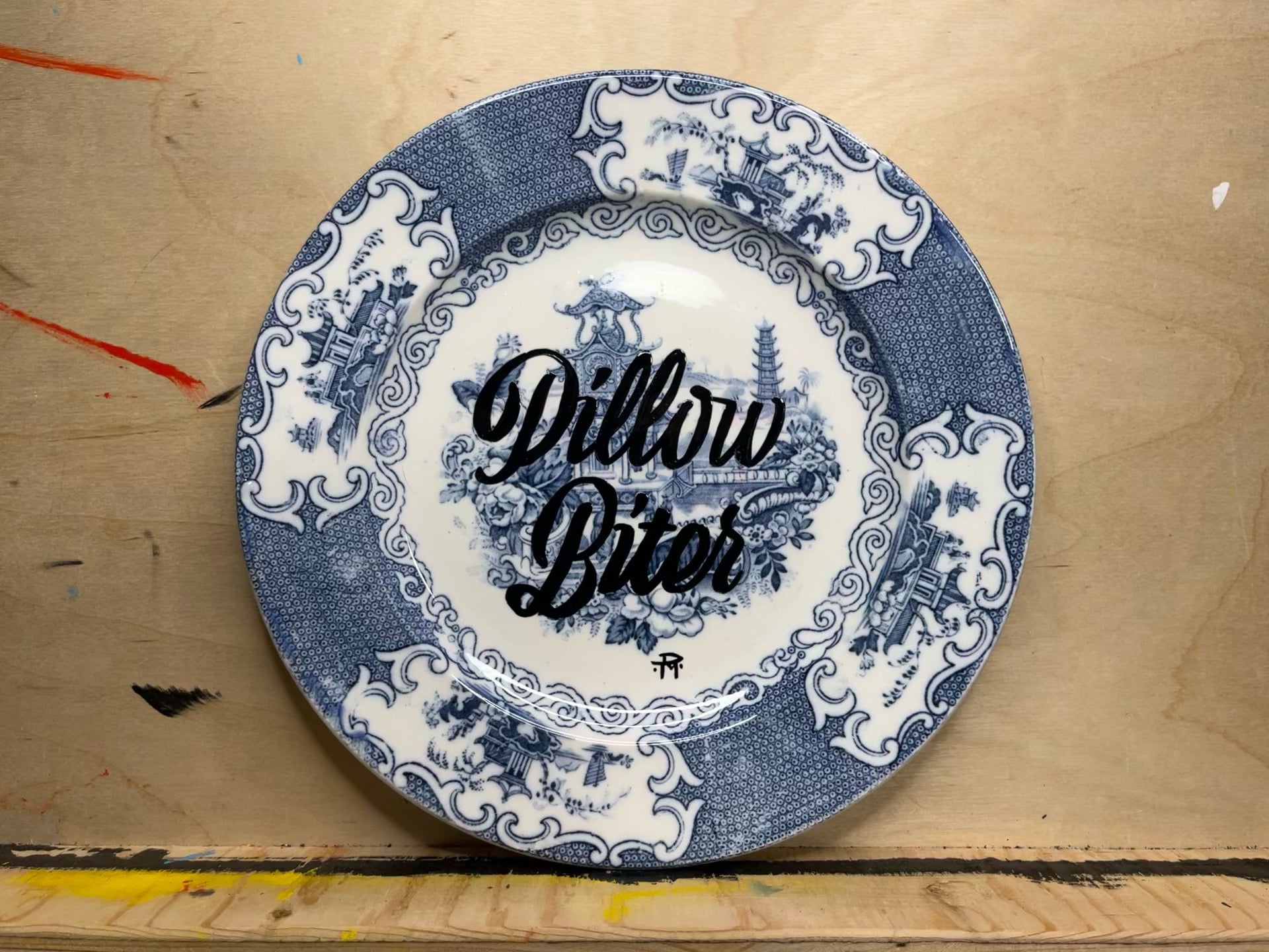 "Pillow Biter" Hand-Painted Vintage Ceramic Plate