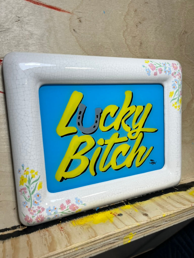 "Lucky Bitch" Hand-Painted Framed Glass Sign