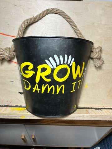 "Grow Damn It!" — Hand-Painted Enamel on Metal Pot | Original Art