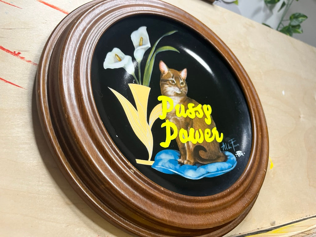"Pussy Power" Hand-Painted Enamel Framed Vintage Ceramic Plate