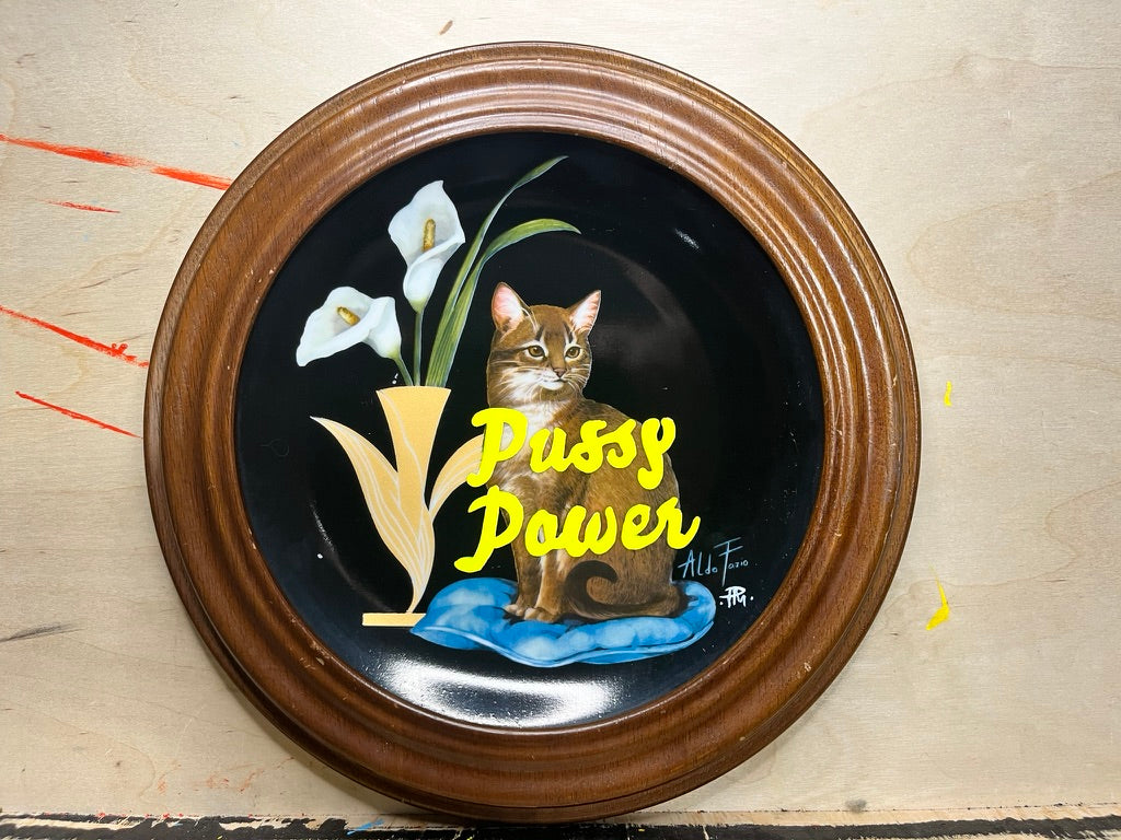 "Pussy Power" Hand-Painted Enamel Framed Vintage Ceramic Plate