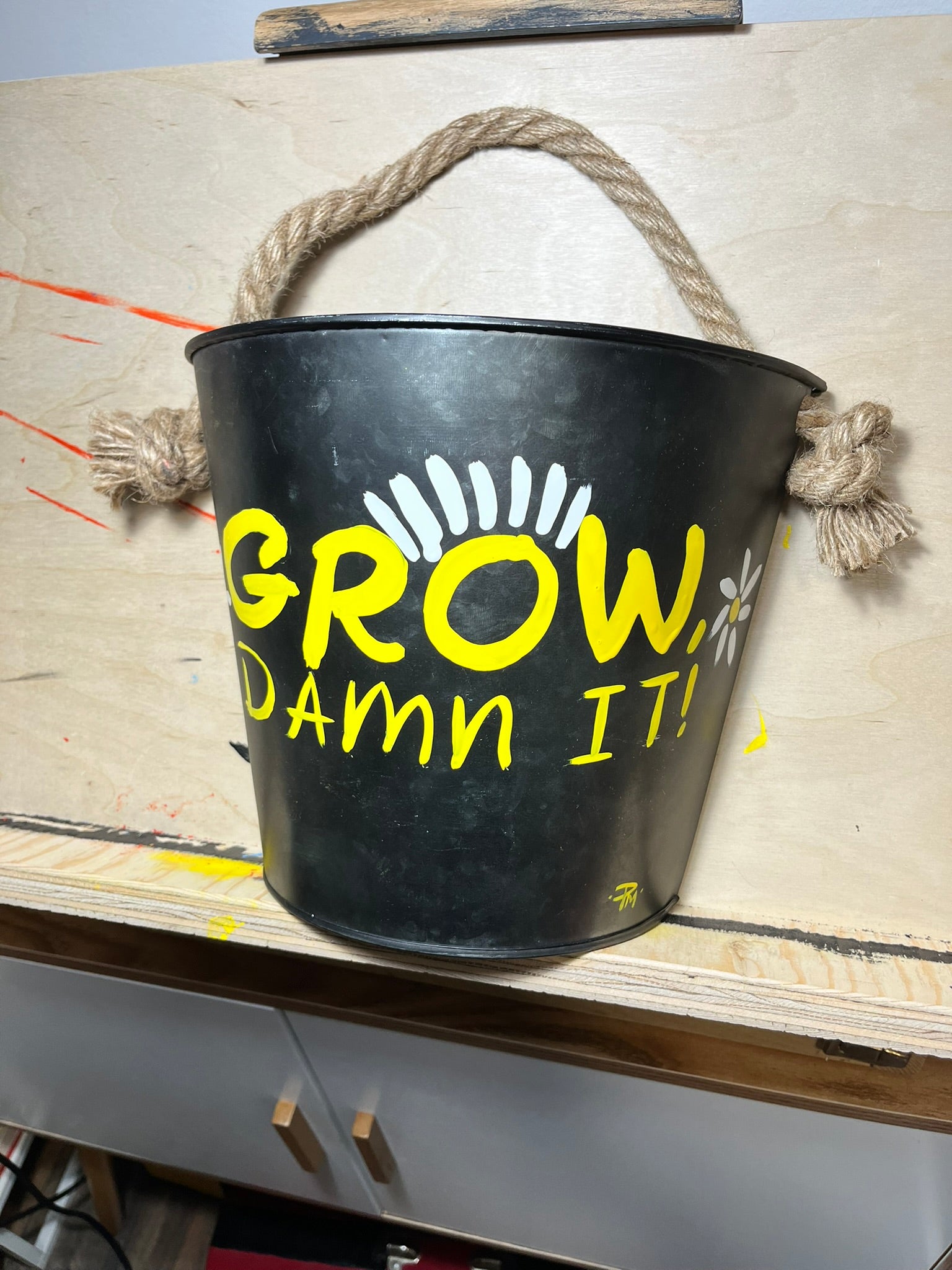 "Grow Damn It!" — Hand-Painted Enamel on Metal Pot | Original Art